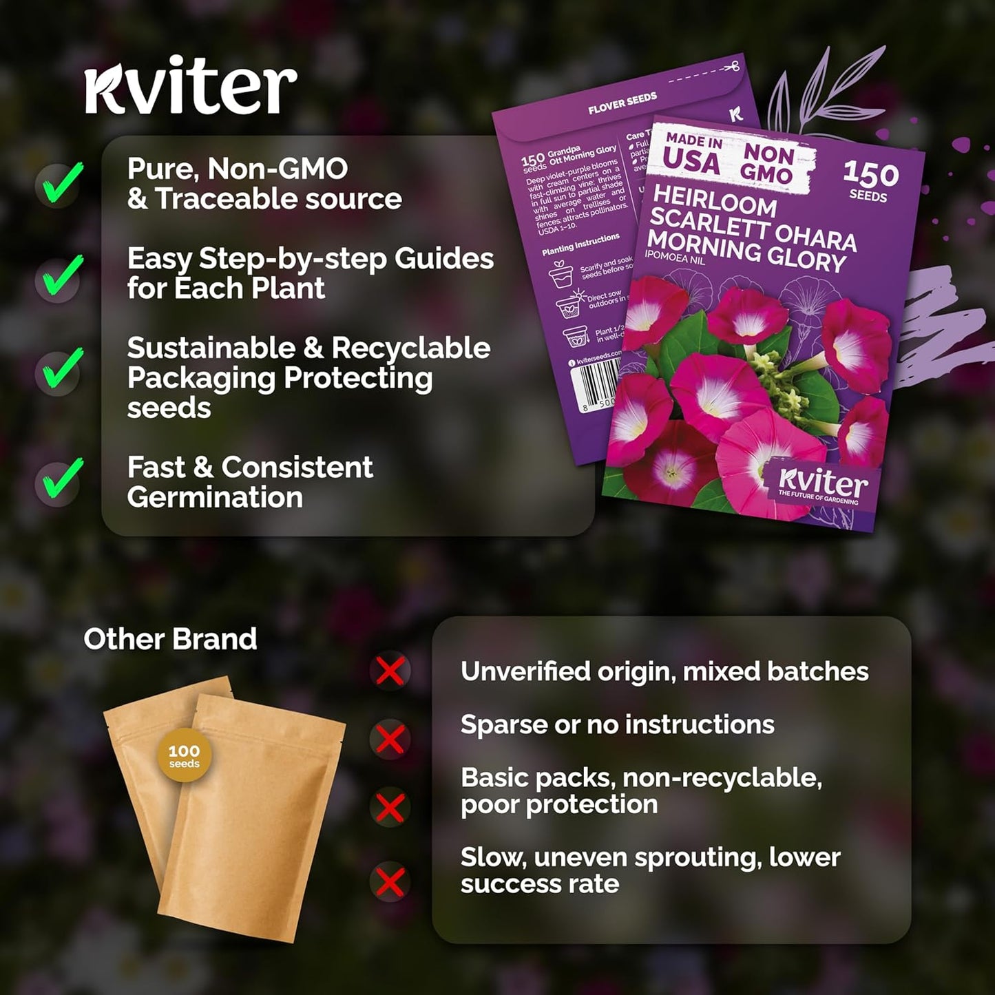 KVITER 150 Morning Glory Seeds - Non-GMO Heirloom Red Flower Seeds for Planting in Gardens & Containers