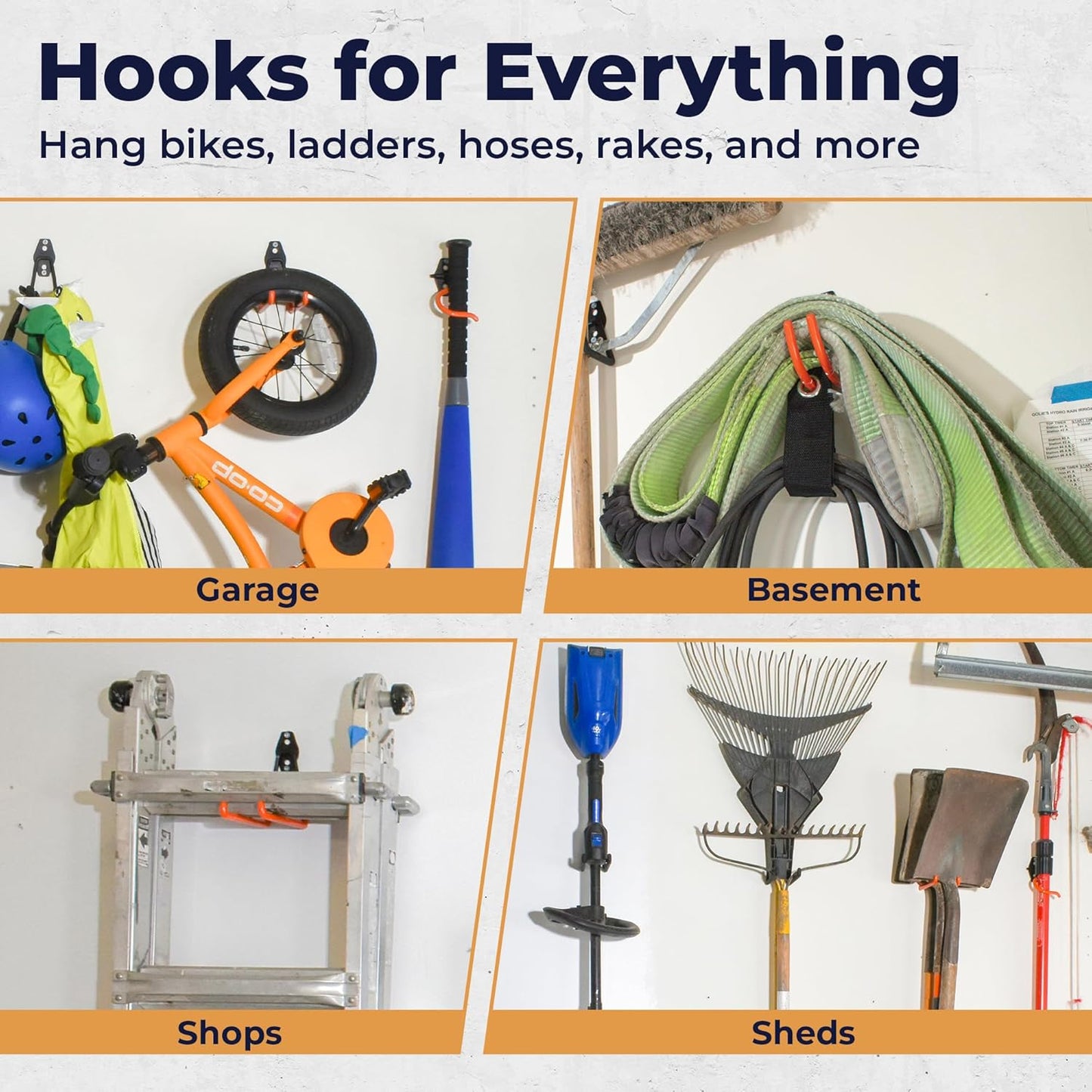 Steel Heavy Duty Garage Hooks - 16 Pack Anti-Slip Wall Mount Hangers for Tools, Bikes & More
