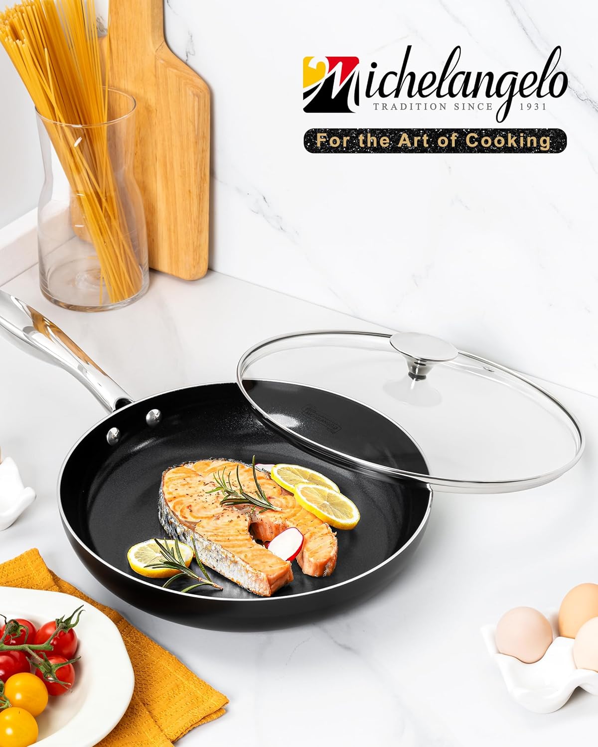 MICHELANGELO 8-Inch Nonstick Frying Pan - Non-Toxic Ceramic Skillet with Lid & Stainless Steel Handle | Black