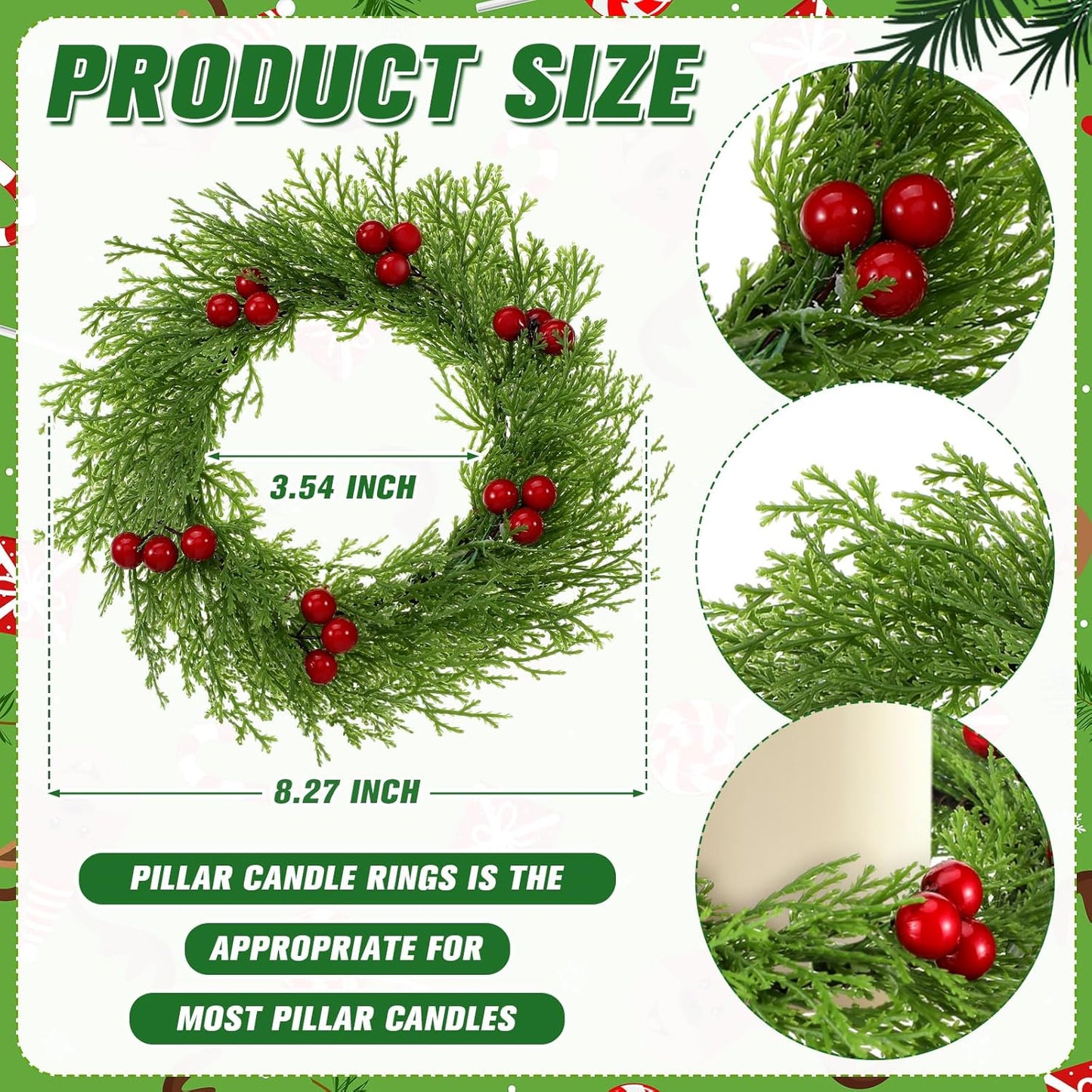Knitgrip 8 Pcs Small Christmas Wreaths - Red Berry Artificial Cedar Candle Rings | 8.27" Mini Holiday Decor