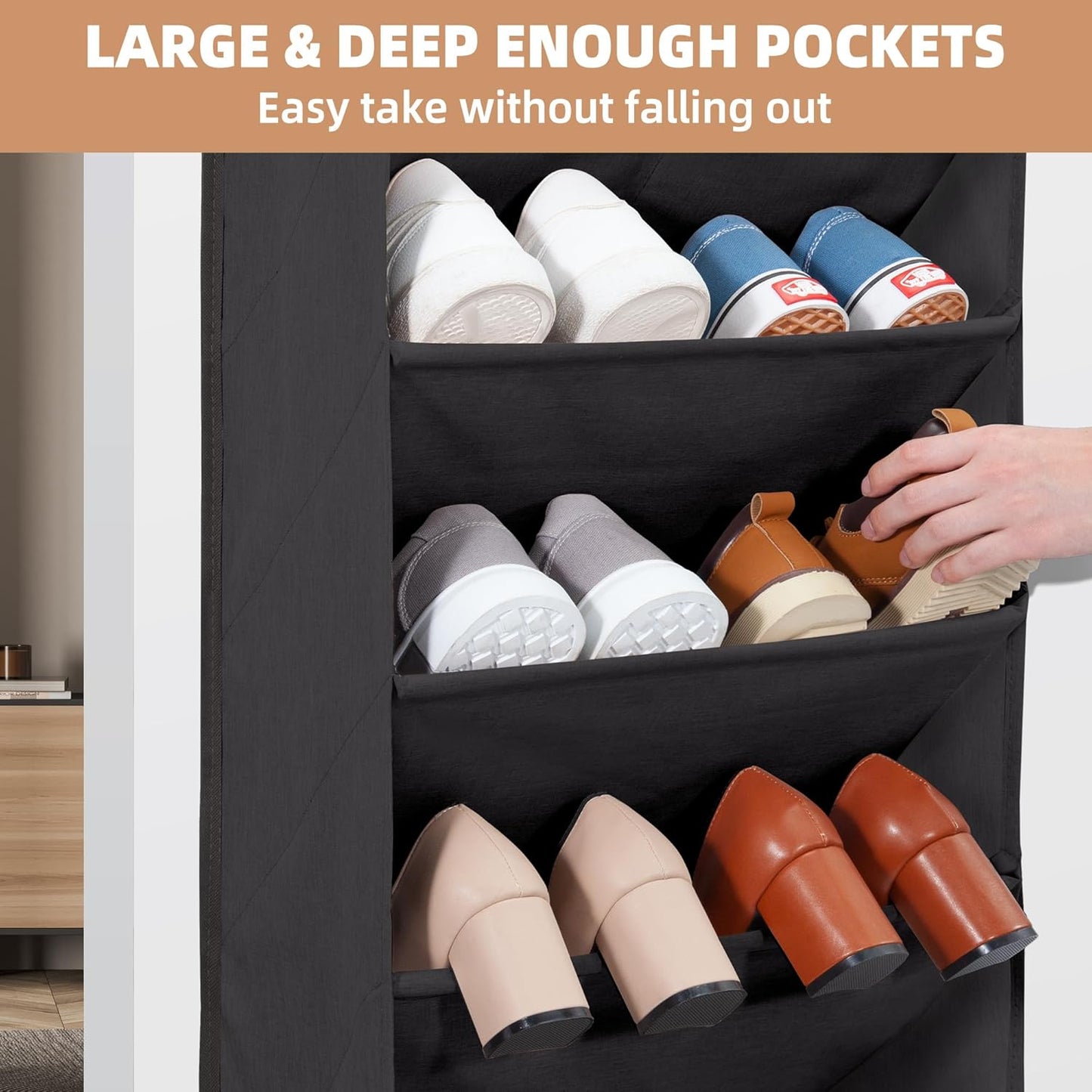 Storage Maniac Over The Door Shoe Organizer - Heavy-Duty Hanging Rack with Large Deep Pockets | Black, 1 Pack