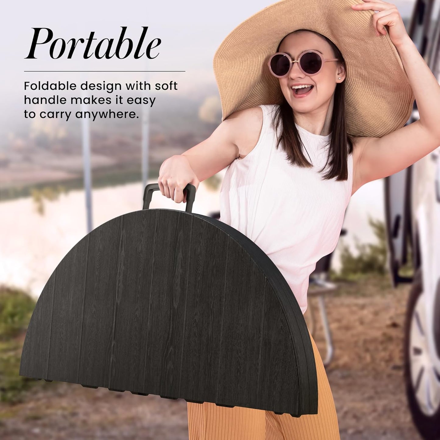 Modern Space 3.5 Feet Circular Foldable Table - Heavy Duty Portable Design with Built-In Handle | Ideal for Events, Picnics & More
