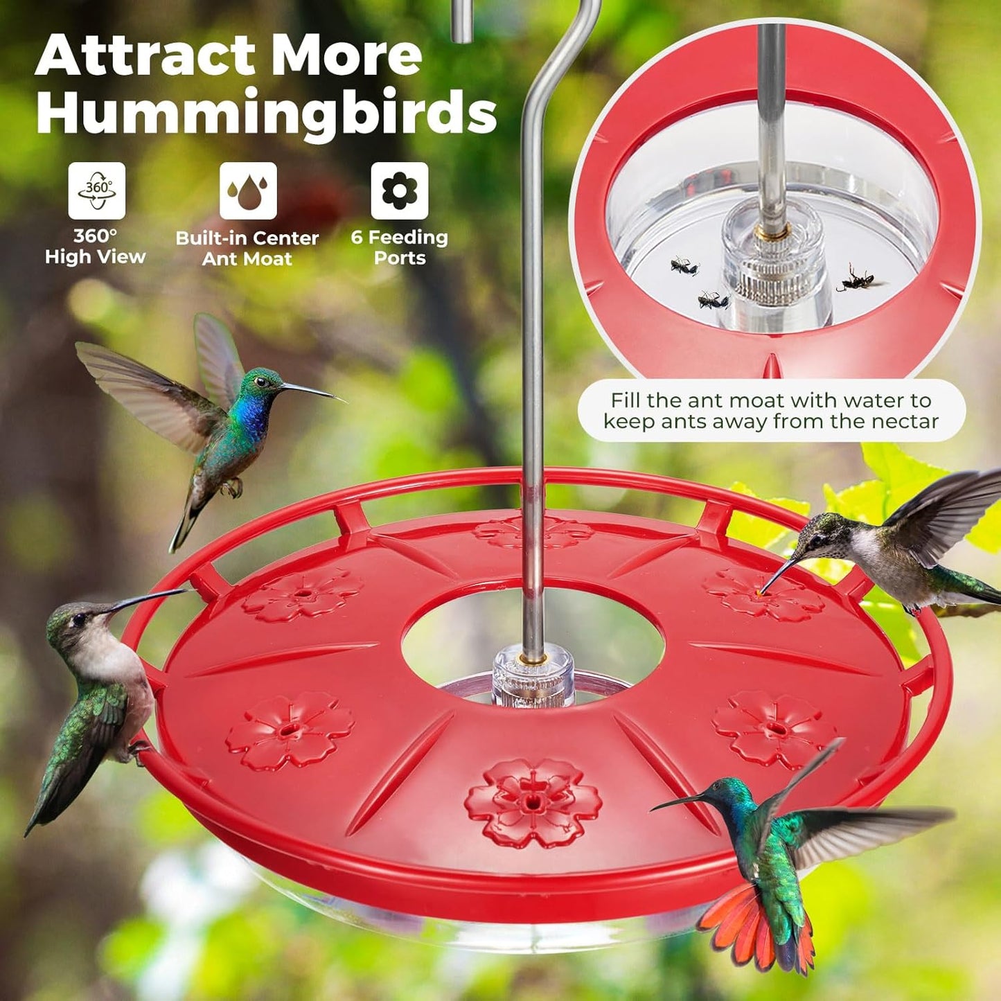 Kingsyard Hummingbird Feeders - 2 Pack 16 OZ with 6 Bee-Proof Ports | Easy to Refill & Clean Garden Décor