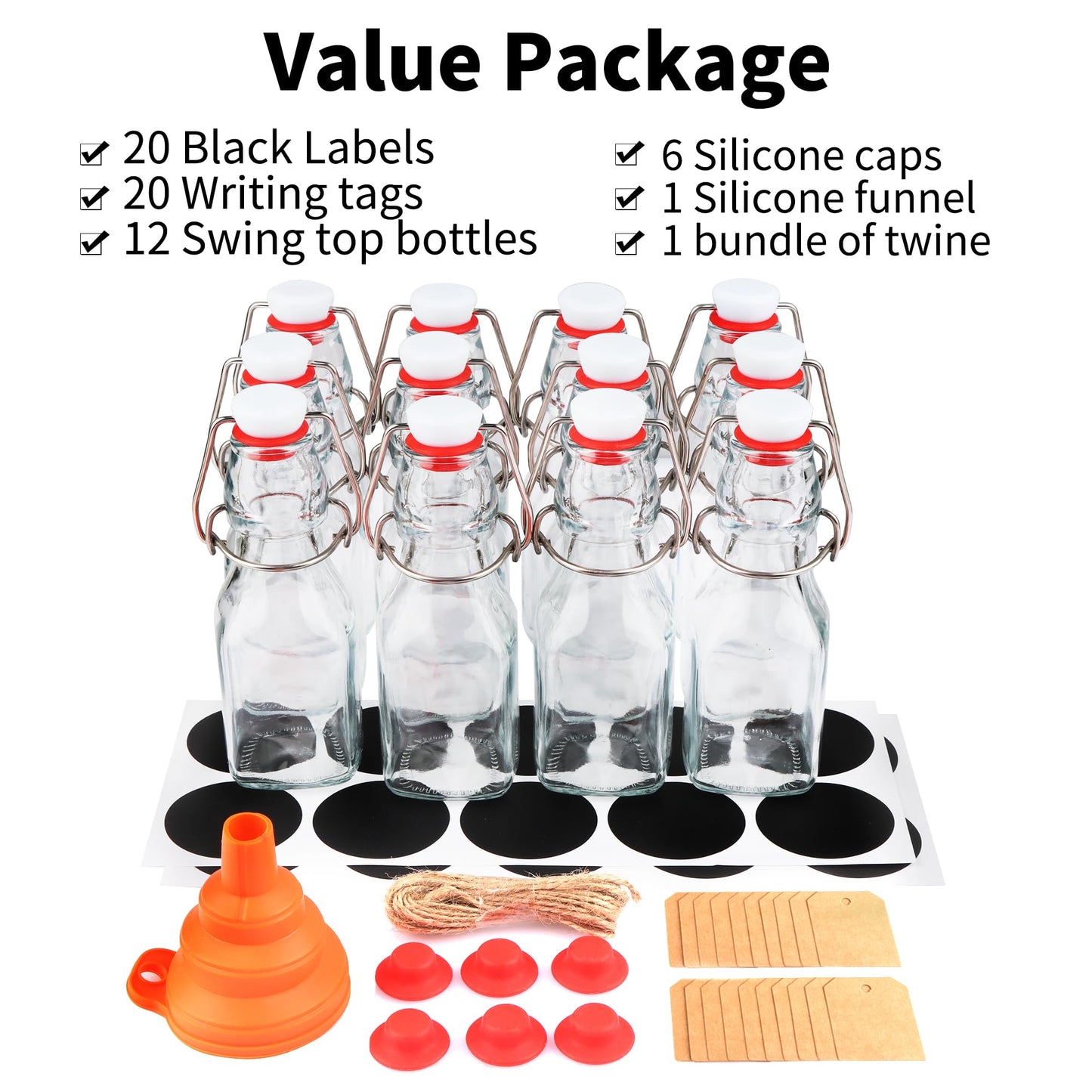UrSpeedtekLive 12 Pack 4oz Swing Top Glass Bottles, 125ML Square Bottles with Airtight Stoppers for Kombucha, Kefir, Vanilla Extract, Beer(Bonus Gaskets, Labels and Funnel)