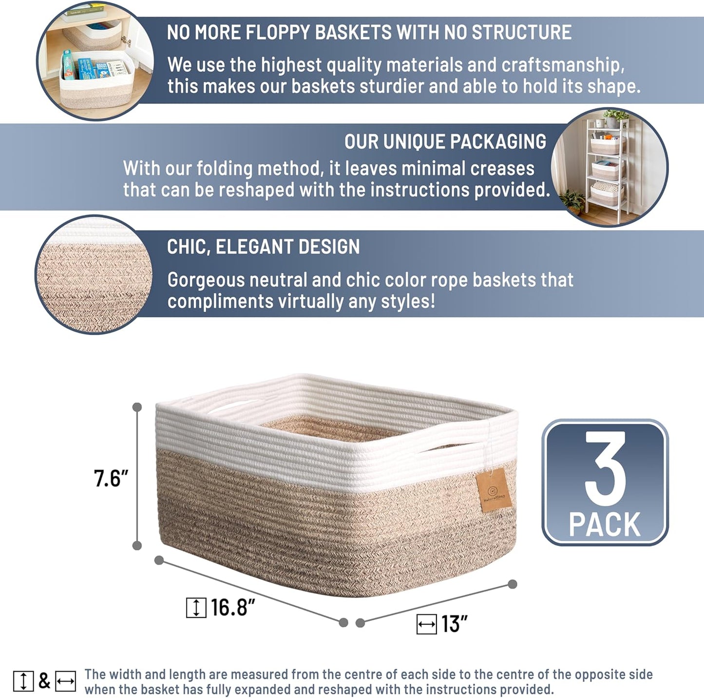 NaturalCozy Storage Baskets - 3-Pack Cotton Rope Woven Bins for Organizing | 16.8”x13”x7.6” | Ideal for Toys, Laundry, and More