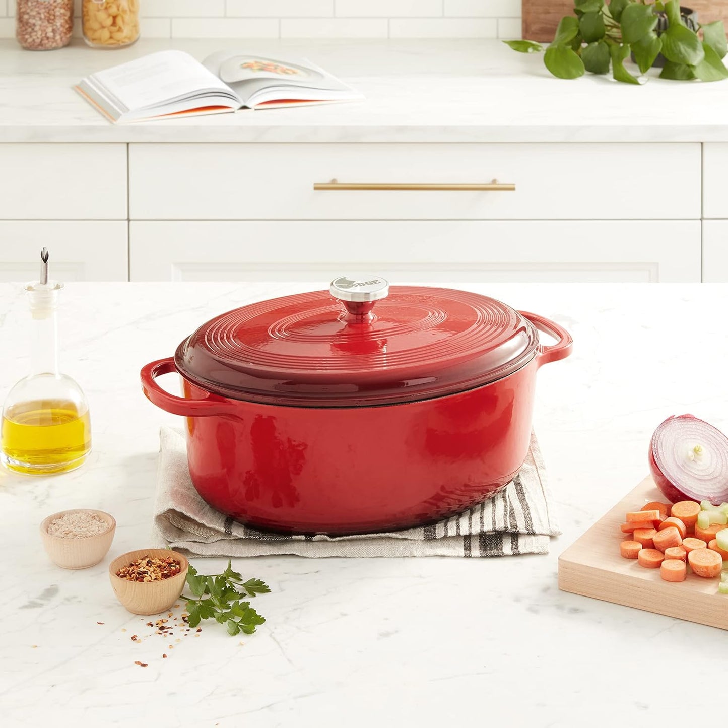 Lodge Enameled Cast Iron Oval Dutch Oven - 7 Quart with Lid & Dual Handles - Oven Safe to 500°F - Red