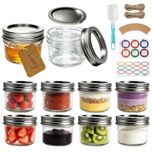 Dralaw 4 oz Glass Mason Jars with Airtight Silver Lids and Bands 8 Pack Mini Canning Jars with Stickers, Clean Brush, Tags & Twines, Glass jars for Jams, Jelly, Honey, DIY Crafts and Gift Packaging