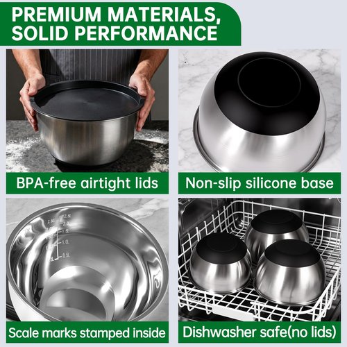 Deedro Premium Mixing Bowls with Airtight Lids Set, 22Pcs Thicker Stainless Steel Mixing Bowl Set, Large Prep Metal Bowls, Non-Slip Silicone Base Nesting Bowls for Kitchen, 1.5/2/3/4/5 QT, Black