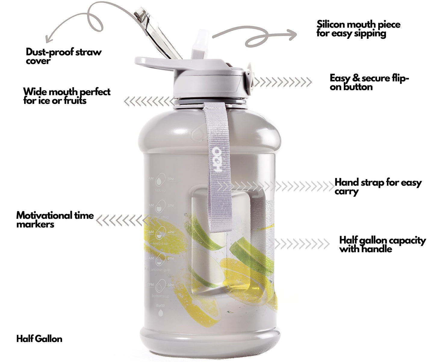 H2O Capsule INSPO Gallon Water Bottle with Time Marker and Straw Motivational Hydration Tracker Jug Big BPA-Free Food-Safe Leakproof Drinking Bottle with Handle & Strap, Lotus Blossom