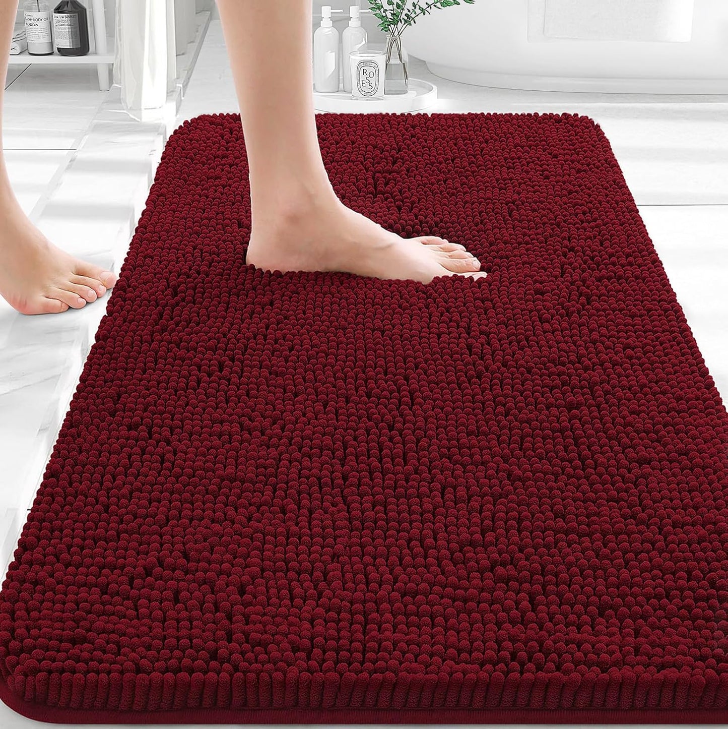 OLANLY Bathroom Rugs - Extra Soft Chenille Bath Mats with Rubber Backing | 30x20, Quick Dry, Burgundy