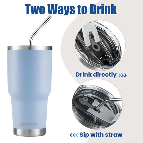 D·S 30oz Blue Tumbler Stainless Steel Double Wall Vacuum Insulated Mug with Straw and Lid, Cleaning Brush for Cold and Hot Beverages