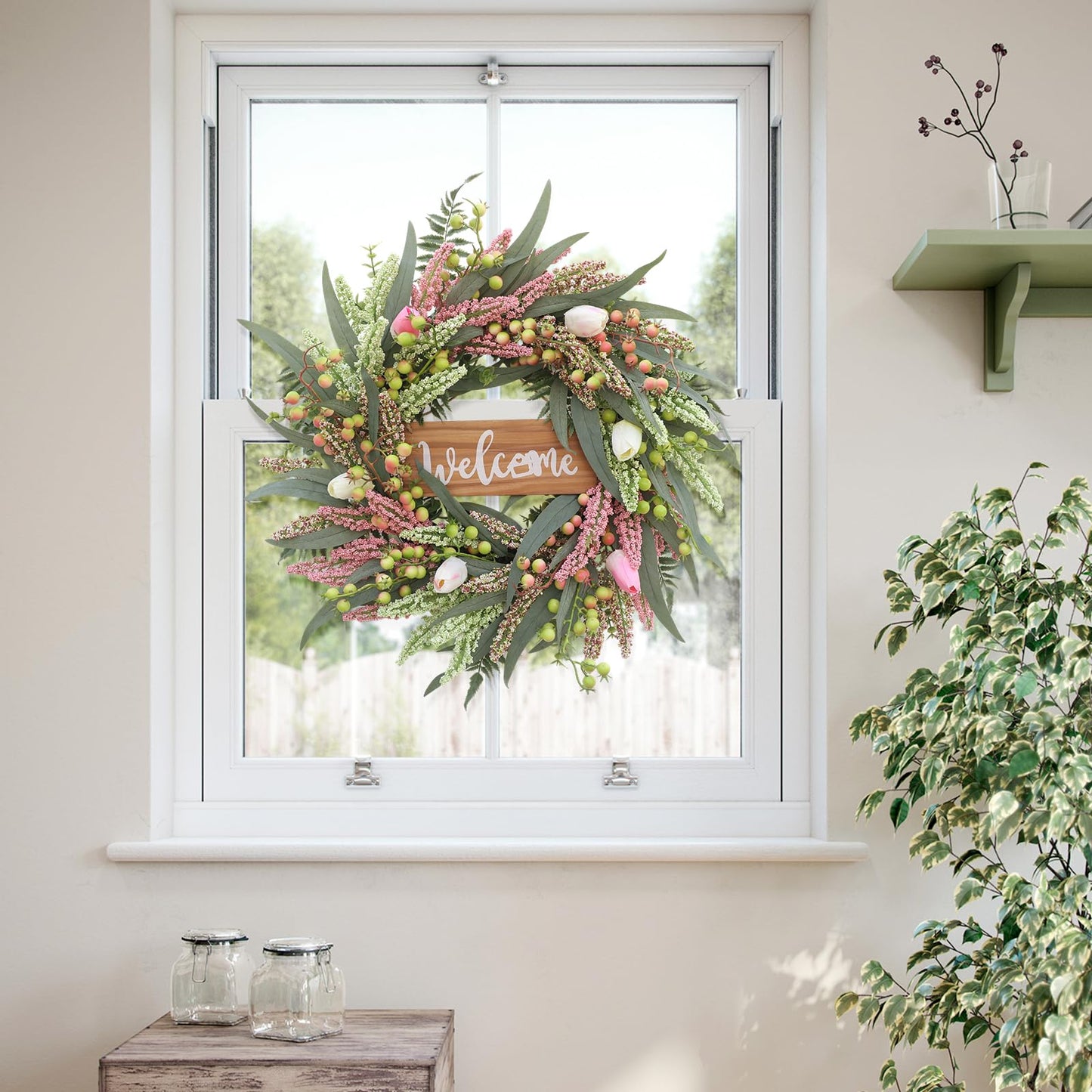 Wreaths for Front Door 20 Inch Spring Summer Tulip Wreath withTulip,Berries,Boxwood and Cattails Welcome Door Wreath, Porch, Window -Green Decor for Home, Farmhouse - Spring, Summer, Fall, All Seasons