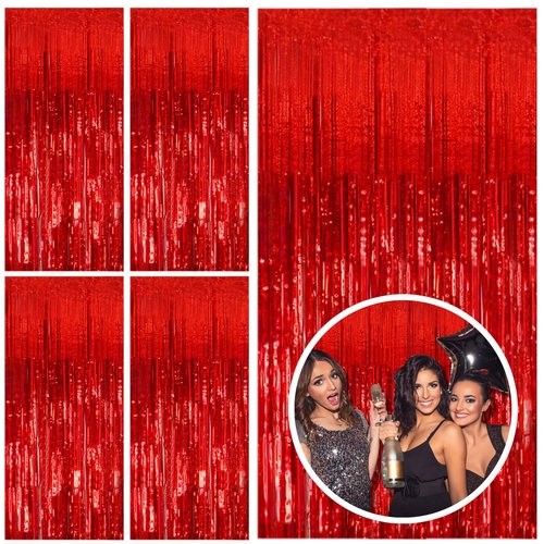 5 Pack Red Streamers Party Backdrop Christmas Decorations Foil Fringe Backdrop Curtains Carnival Casino Theme Birthday New Year Holiday Celebration Bachelorette Party Decorations Supplies