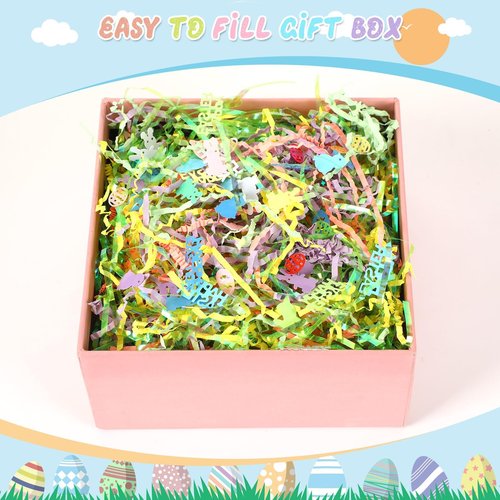 Jansun Easter Grass Crinkle Cut Paper, 115g/4oz Easter Iridescent Shred Paper Filler with Easter Confetti for Easter Gift Box Grass Basket Filler Gift Wrapping Easter Decorations