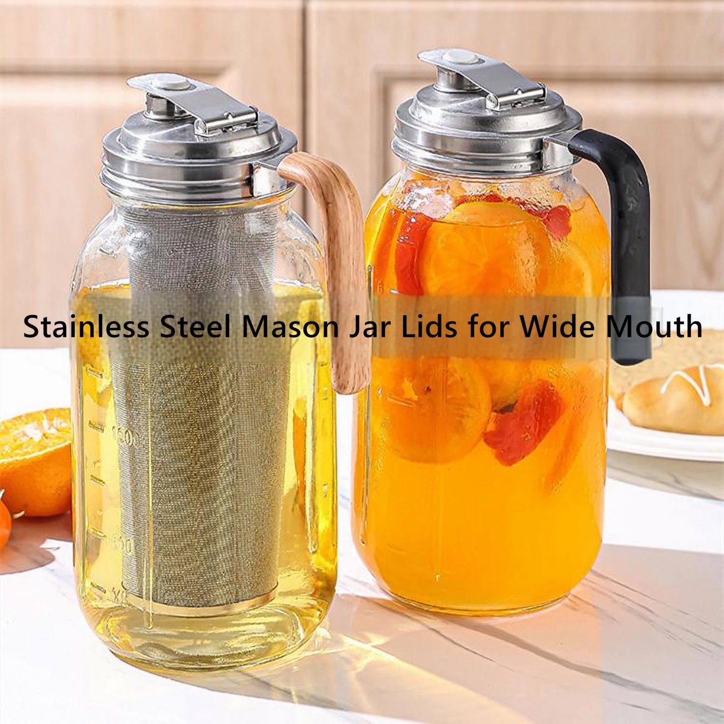 Stainless Steel Mason Jar Lids with Rubber Gasket and Handle,Mason Jar Lids for Wide Mouth,Bottle Cover for Cold Brew Grain Screw Cans Caps (Jars Not Included) (2)