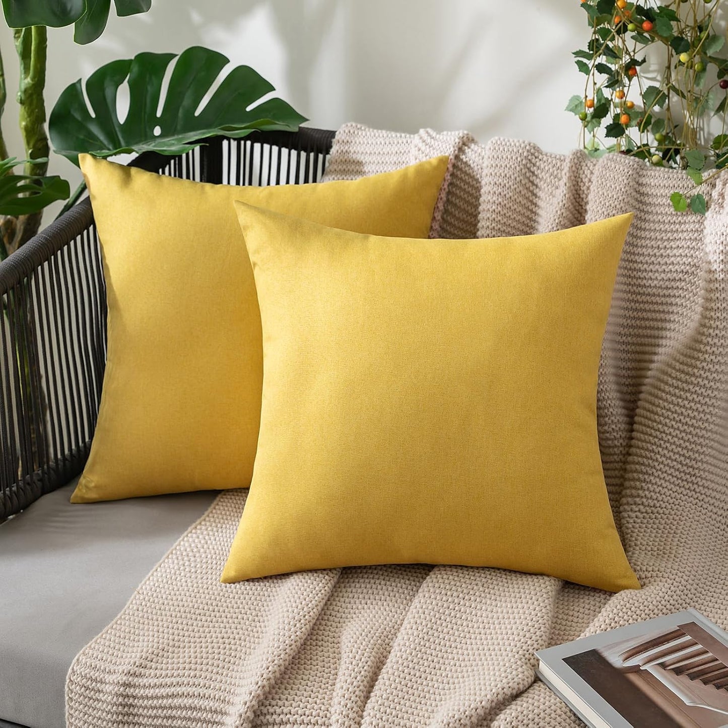 MIULEE Outdoor Decorative Throw Pillow Covers - Waterproof Faux Linen Cushion Cases | 18x18 Inch Yellow (Pack of 2)