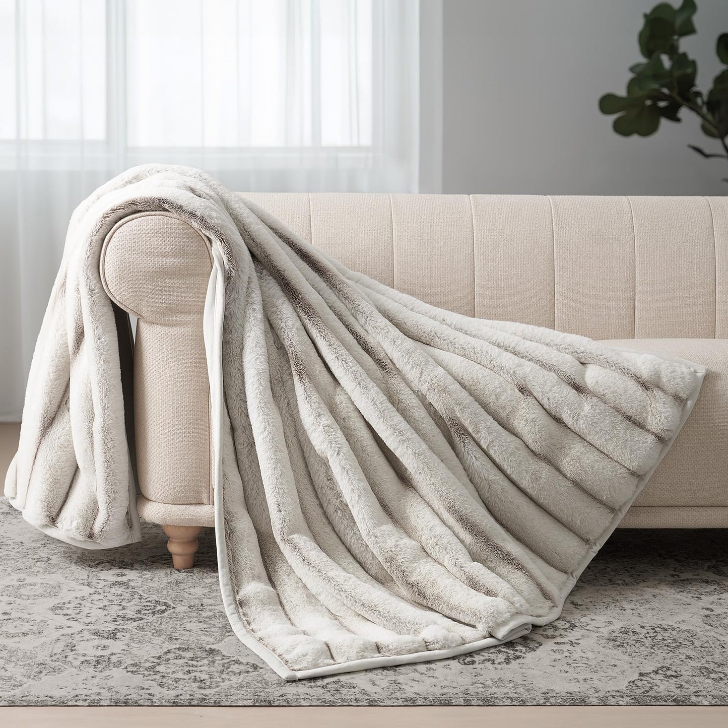 EverGrace Soft Luxury Faux Rabbit Fur Throw Blanket for Couch, Cozy Fluffy Channel Throw Blanket for Bed, Fuzzy Warm Thick Mink Blanket with Reversible Plush Velvet for Winter, Beige, 60"x80", 820GSM