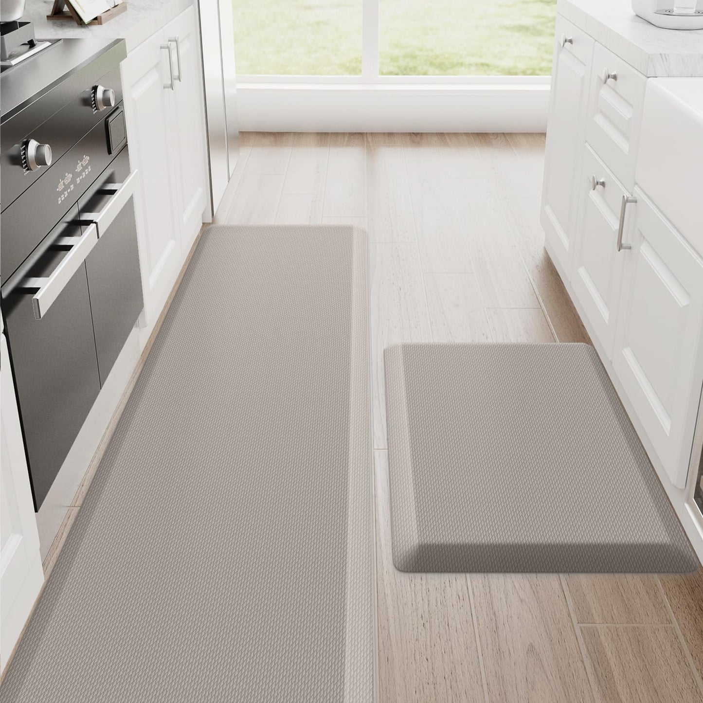 StepRite Kitchen Mats, 2PCS Kitchen Rugs, Cushioned Anti Fatigue Kitchen Mats for Floor, Non-Slip Standing Desk Mat, Waterproof Kitchen Rug Set for Kitchen, 20" x 32"+20" x 72"-Full 1 inch Thick,Khaki