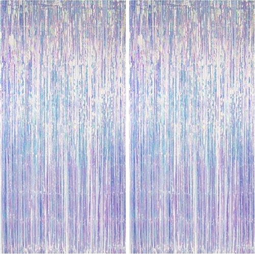 Iridescent Party Decorations - Holographic Tinsel Foil Streamers | 2 Pack 3.3x6.6 FT for Birthdays & Events