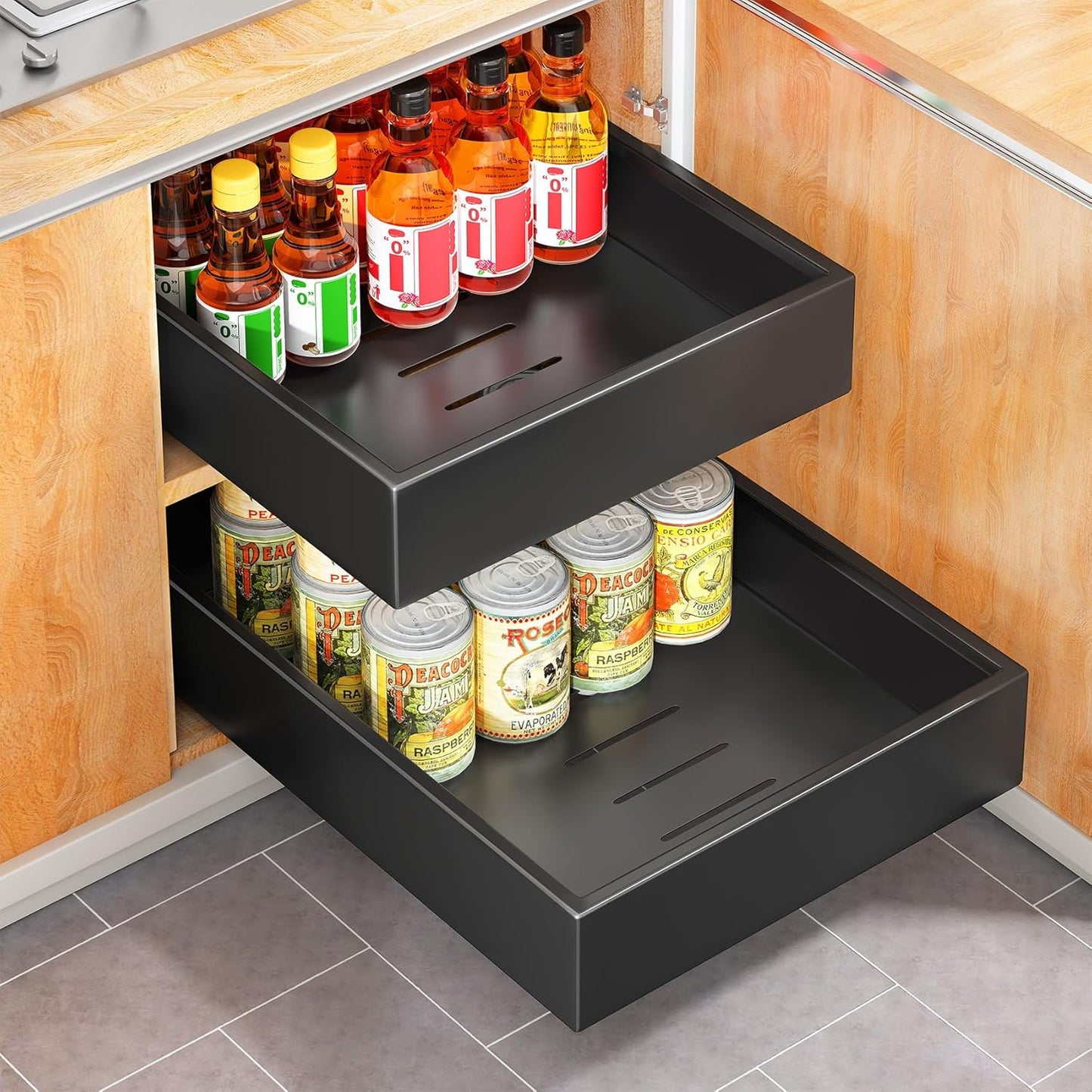 Skiennix Pull-Out Cabinet Organizer - Heavy Duty Slide-Out Drawers for Kitchen & Bathroom | 21" Deep, 11.8" Wide, Black