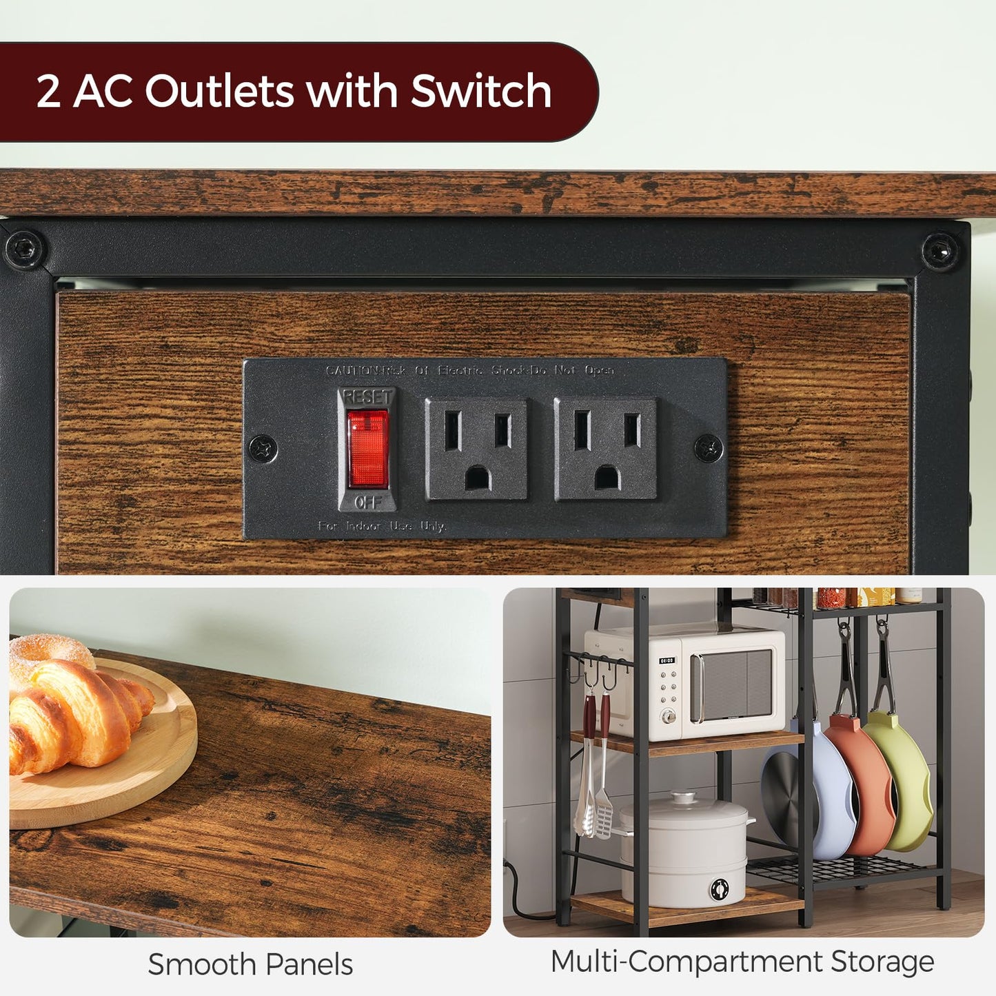 MAHANCRIS Bakers Rack with Power Outlet, Microwave Stand with Adjustable Mesh Rack, Coffee Bar Station, Kitchen Storage Racks with 6 S Hooks, for Kitchen, Dining Room, Rustic Brown and Black BRHR80E01