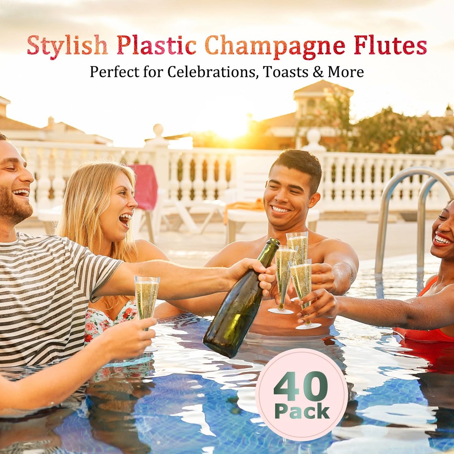 Lazyshine Plastic Champagne Flutes Disposable Wine Glasses - 40 Pack 4.5Oz Clear Mimosa Cocktail Cups Bulk for Wedding Women's Day Party Supplies Engagement Decor, Copas De Plastico Para Brindis