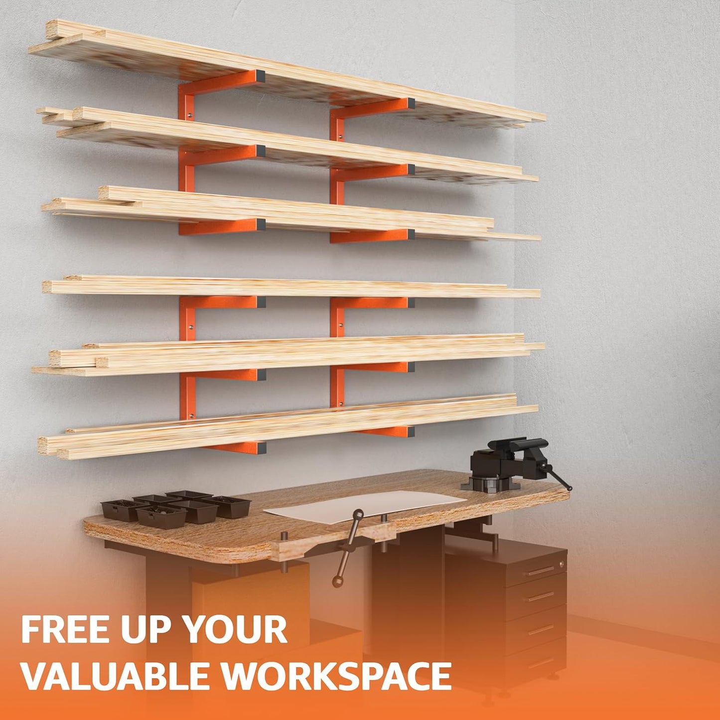 YYR Wood Organizer - Heavy Duty Metal Lumber Storage Rack | 6-Level Wall Mount Holds 1200 LBS - Orange