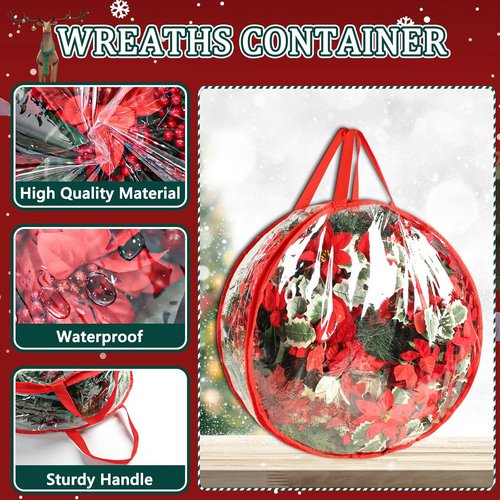 4 Pcs Christmas Wreath Storage Bag - 24 Inch Waterproof PVC Container with Clear Red Edging & Handles