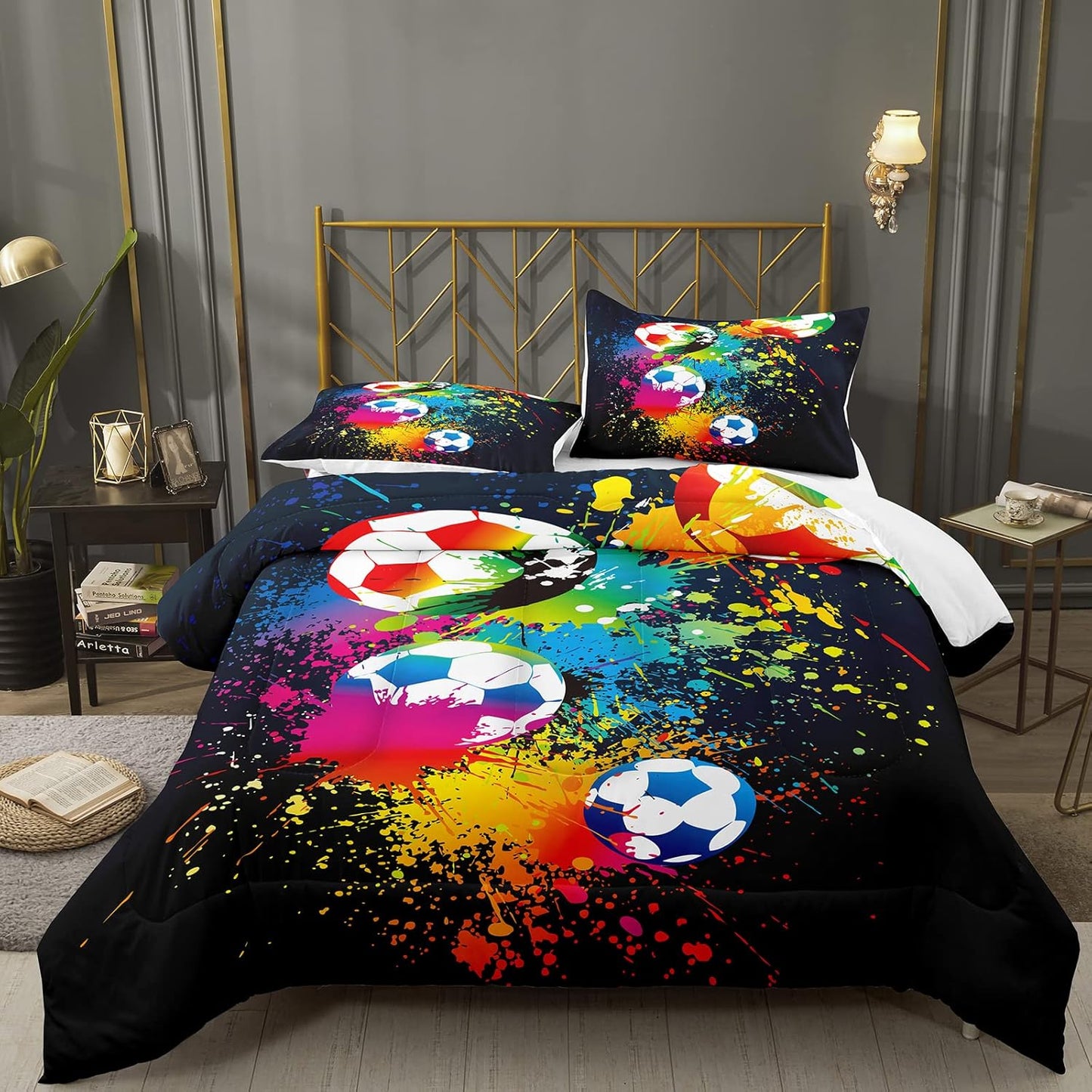 Bodhi Rainbow Graffiti Football Bedding for Boys & Teens - Full Comforter Set with Matching Pillowcases