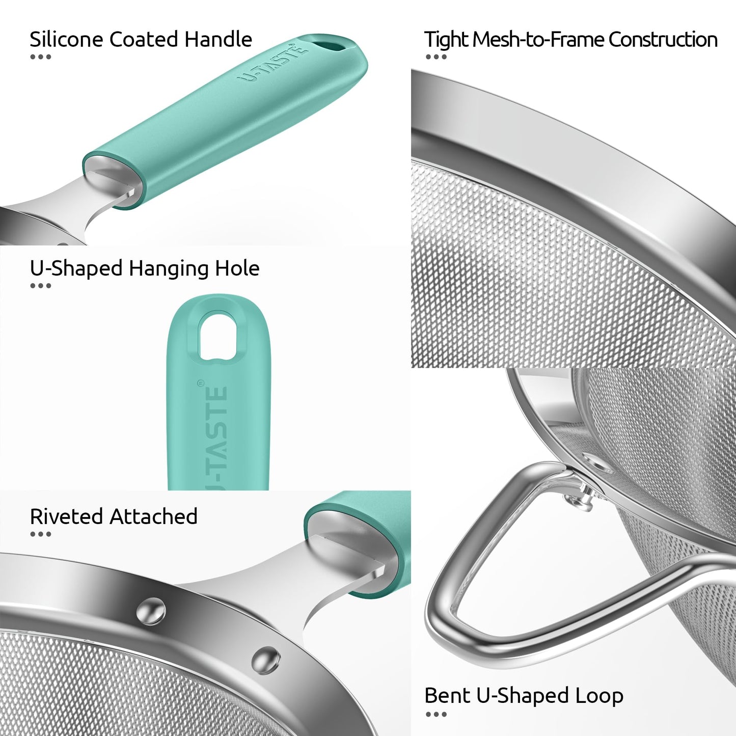U-Taste Medium Fine Mesh Strainer: 18/8 Stainless Steel 4.73in 30 Mesh Kitchen Food Sieve with Sturdy Riveted Silicone Handle, Heavy Duty Deep Handheld Metal Colander for Rice, Quinoa, Flour(Aqua Sky)