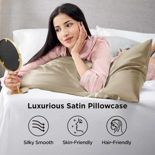 Bedsure Satin Pillowcase - Luxurious Silk-Like Comfort | Standard Size 20x26 Inches, Khaki, 2-Pack