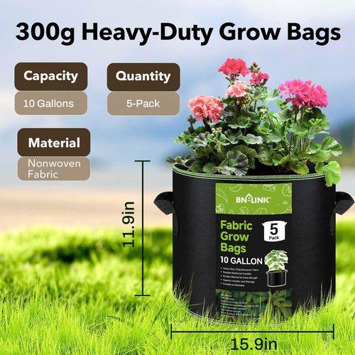 BN-LINK 10 Gallon Grow Bags - Heavy Duty Aeration Fabric Pots with Handles for Vegetables & Flowers
