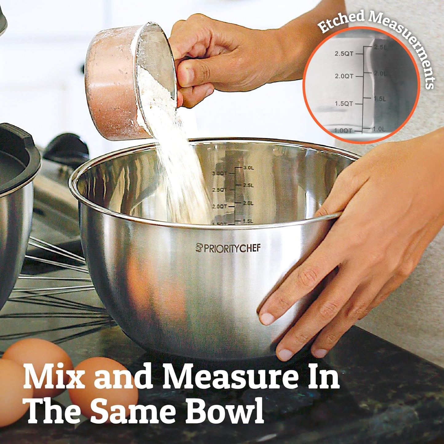 Priority Chef Premium Mixing Bowls Set - Airtight Lids & Non-Slip Base | 5 Nesting Stainless Steel Bowls (1.5-5 Qt) - Black