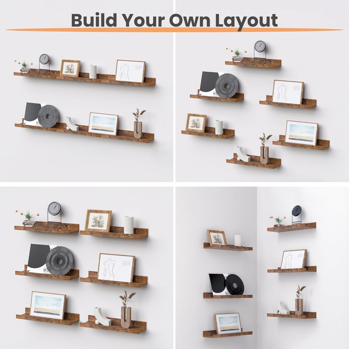 Upsimples 11x14 Picture Frame Bundle - 6 Pack Floating Wall Shelves in Brown