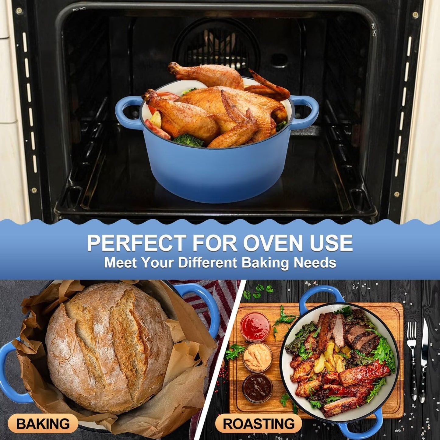 P&P CHEF 6QT Enameled Dutch Oven, Cast Iron Dutch Oven Pot with Lid for Bread Baking, Enameled Casserole Pot for Roasting Braising Stewing Frying Simmering, Various Stoves & Easy Clean, Blue
