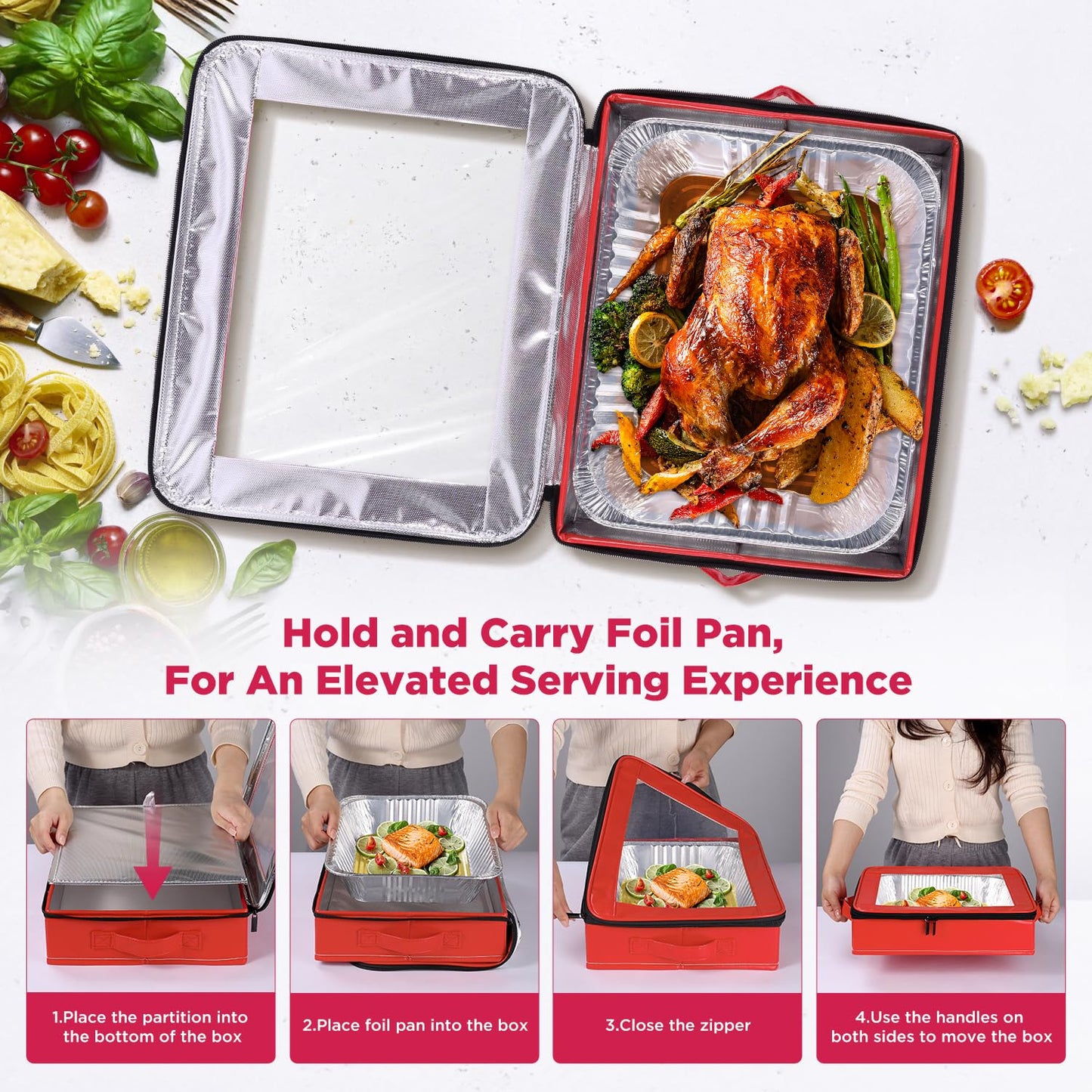 OUTXE 2 Pack 9x13 in Foil Pan Carrier with Lid, PU Leather Foil Pan Holder with Handle, Serving Tray for Food, Stackable Aluminum Pan Holder, for Travel, Potlucks, Parties, BBQ, Picnics, Home (Red)
