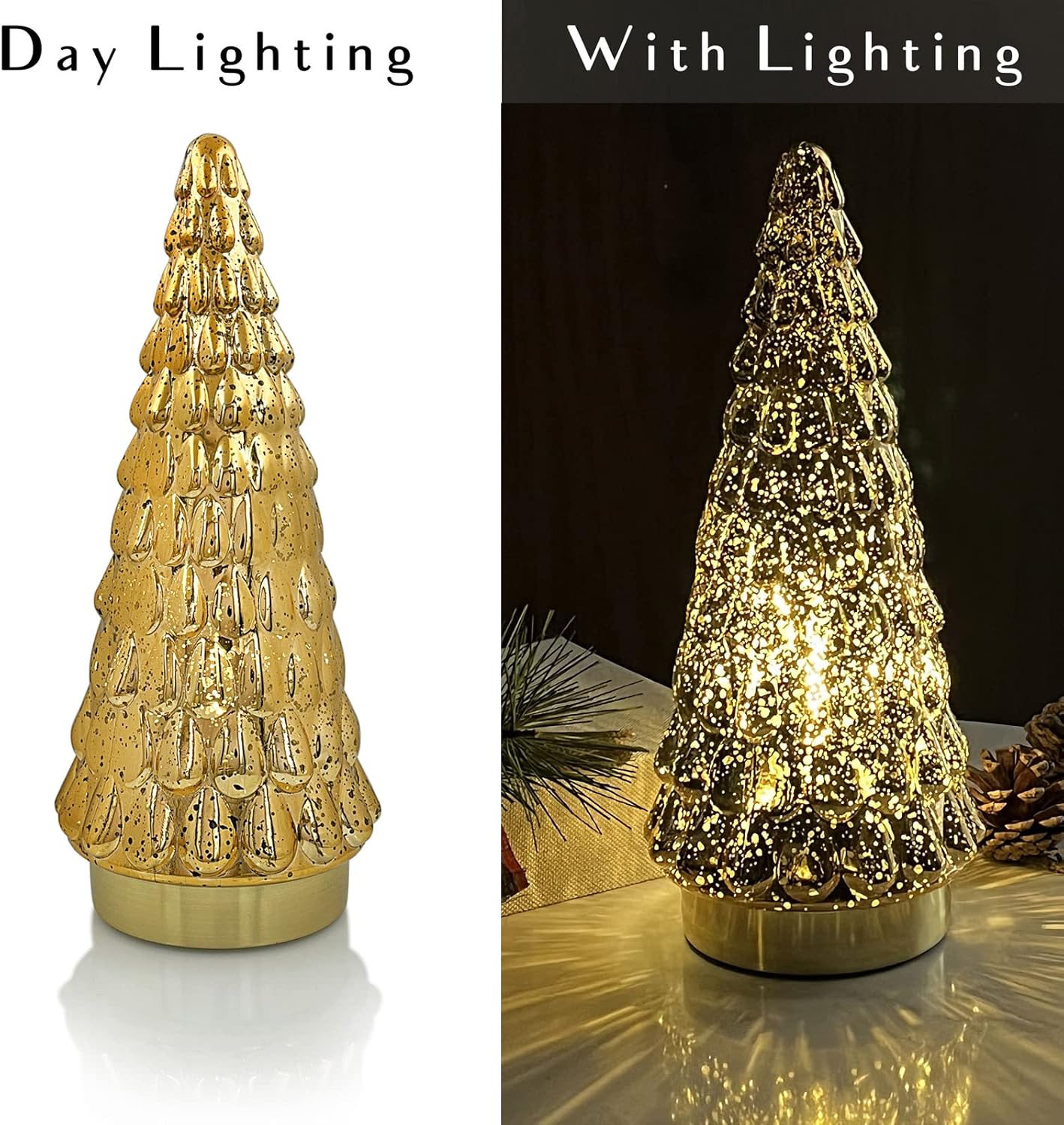 SHMILMH Gold Mercury Glass Christmas Tree Set - Battery Operated Tabletop Xmas Tree | 10" Decorative Centerpiece
