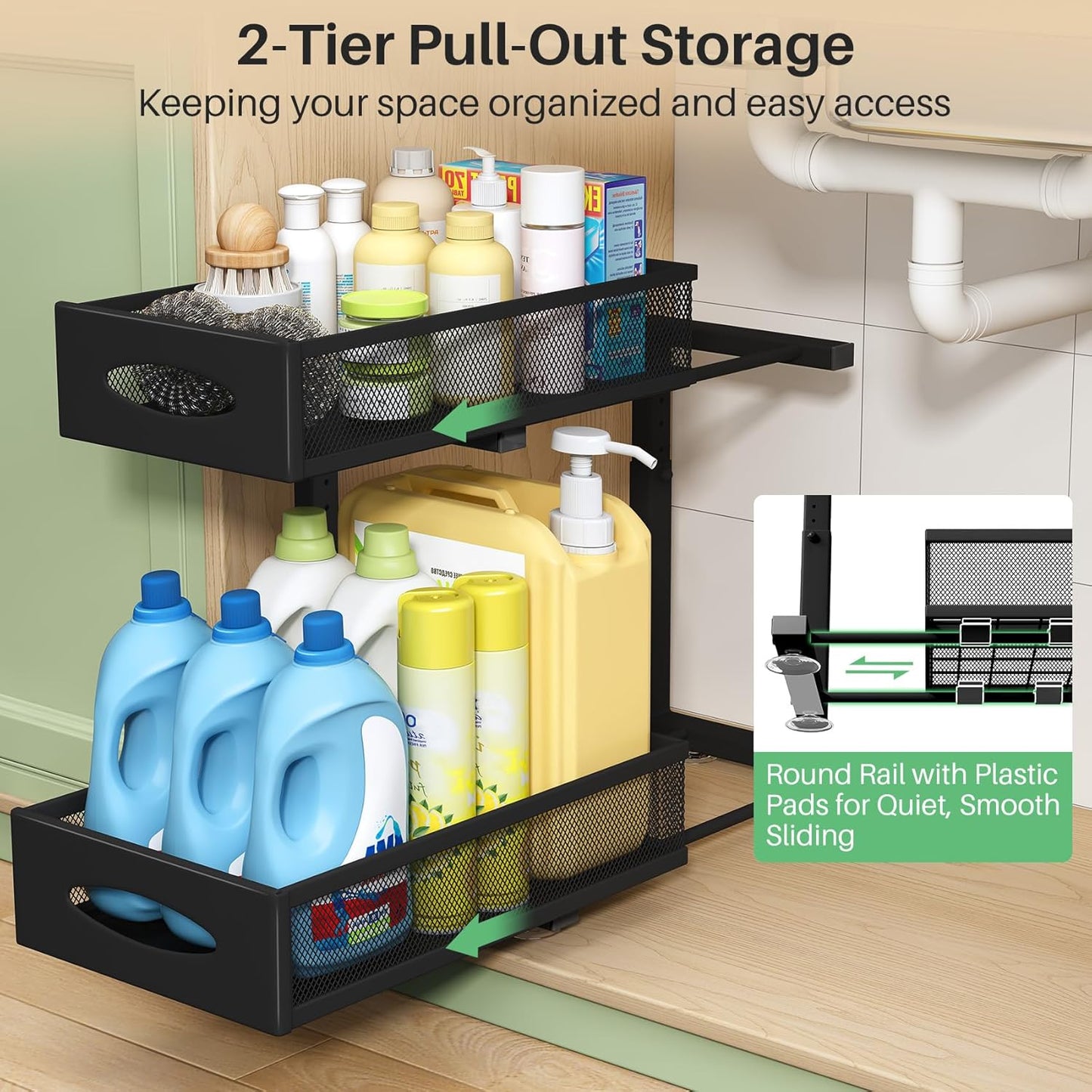 Under Sink Organizer - 2 Tier Pull-Out Cabinet Storage Baskets with Mesh Drawers | Versatile for Kitchen, Bathroom, Office