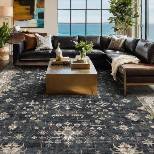 Hazo Haus Black Farmhouse Area Rug - Washable 7x10 ft | Stain Resistant, Non-Slip for Living Room & Bedroom