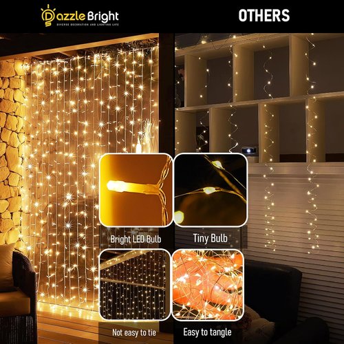 Dazzle Bright 300 LED Curtain Lights - Warm White Fairy Lights for Bedroom & Outdoor Decor