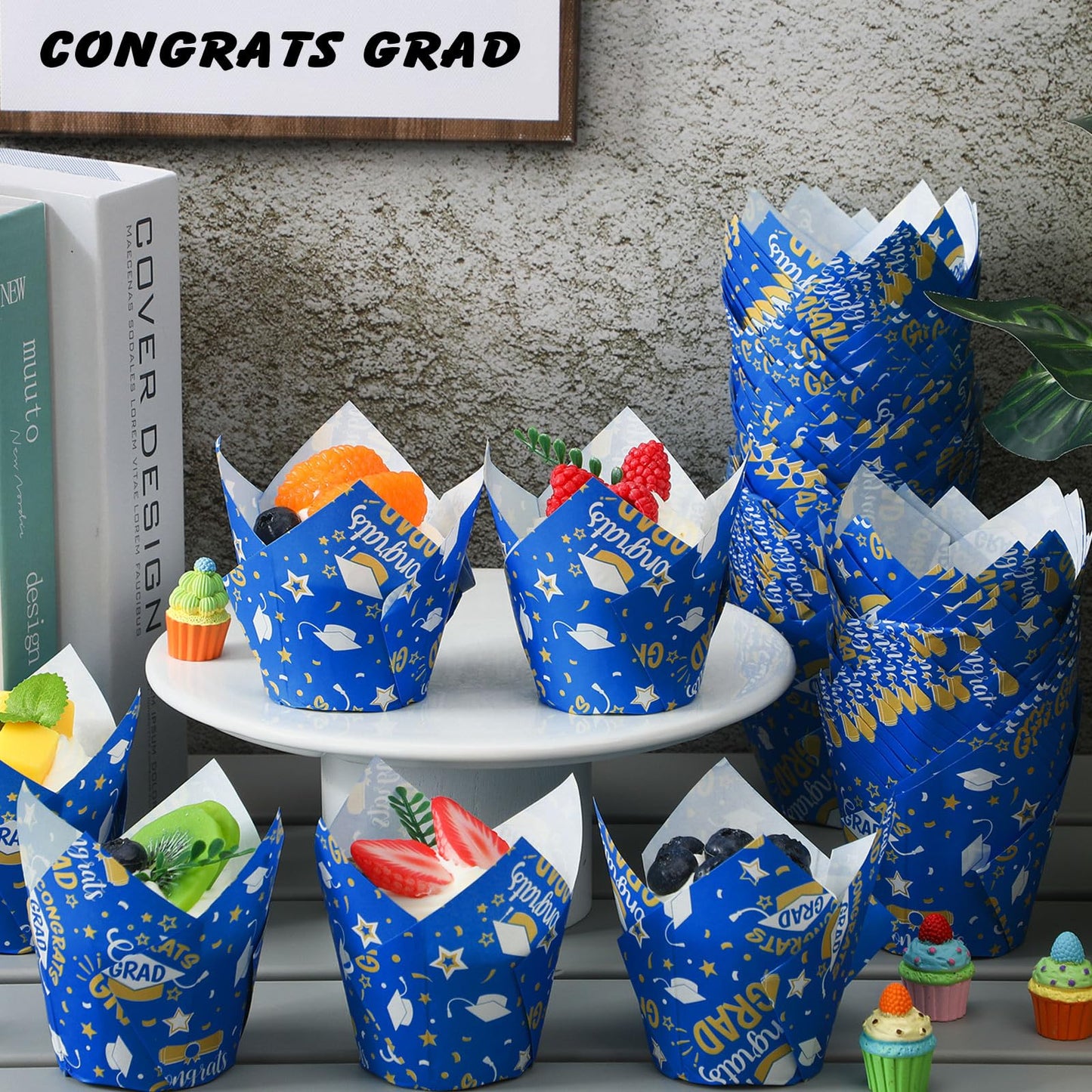 Nuenen 200 Pcs Graduation Tulip Cupcake Liners Bulk 2026 Congrats Grad Paper Baking Cup Greaseproof Muffin Liners Holders Graduation Cap Cake Paper Cup Tulip Cupcake Wrappers for Party(Blue, Gold)