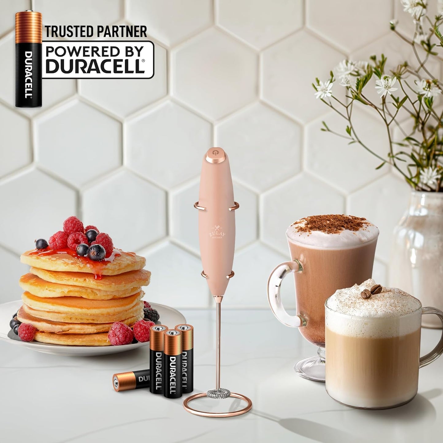 Zulay Kitchen Milk Frother Wand - Ultra-Fast Handheld Electric Whisk for Coffee & Lattes - Rose Peach