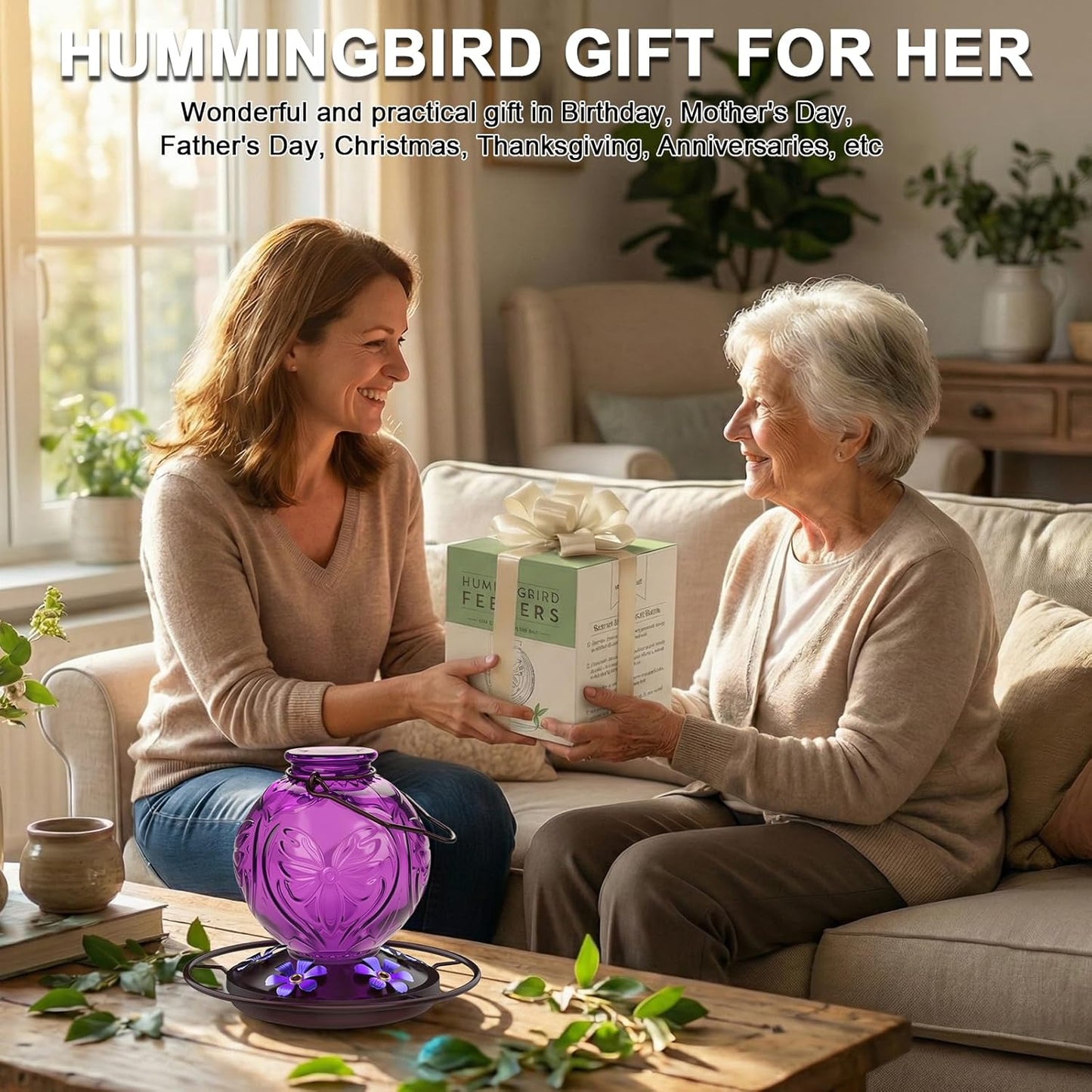 Skiennix Glass Hummingbird Feeder - 25oz Leak-Proof Outdoor Nectar Feeder with 5 Flower Ports | Purple Garden Decor
