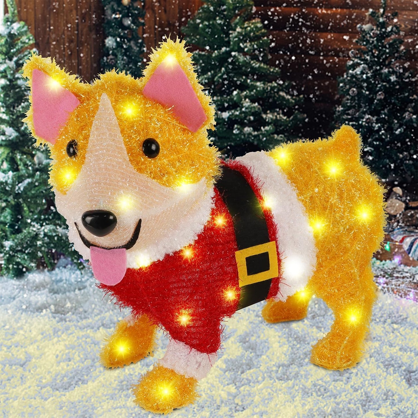 WATERGLIDE 17-Inch Lighted Christmas Dog Decoration - Pre-Lit 3D Tinsel Puppy for Indoor & Outdoor Holiday Decor