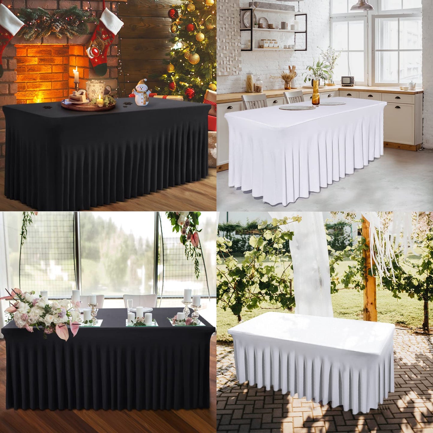 BDDC Table Skirts for Rectangle Tables 6ft - One-Piece Black Tablecloths and Skirt, Wrinkle Resistant Ruffles Elastic Cover for Banquets, Weddings, Events, Parties