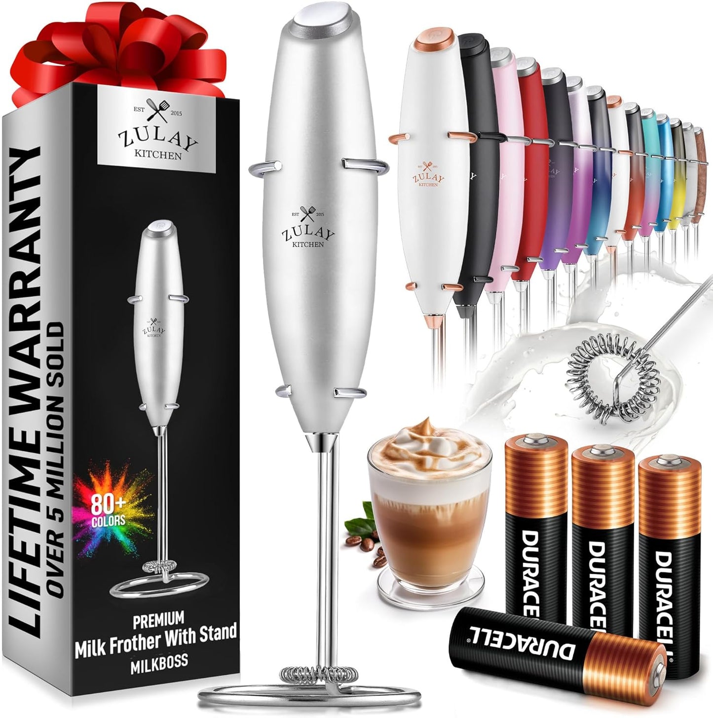 Zulay Kitchen Milk Frother Wand - Ultra Fast Handheld Electric Whisk for Coffee & Lattes - Premium Silver with 4 AA Batteries