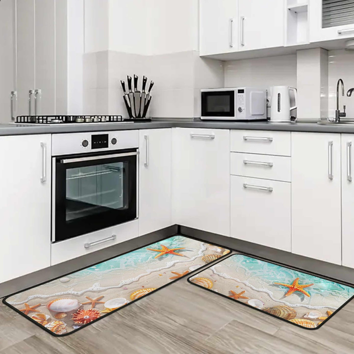 Lumiprinta Ocean Theme Tropical Beach Seashell Starfish Decorative Kitchen Rugs and Mats Set of 2, Low-Profile Floor Mats Decorations for Home Kitchen 17"x47"+17"x30"