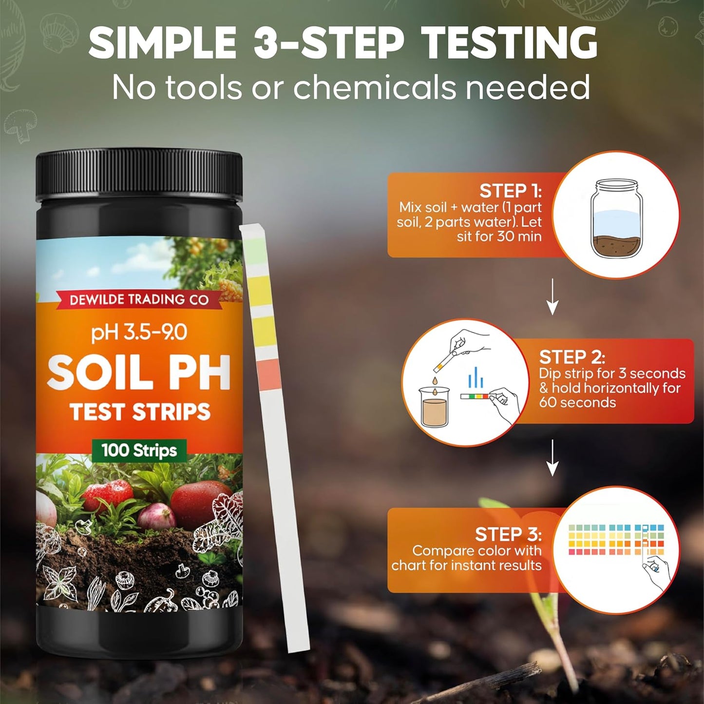 Soil Test Kit | 100 pH Test Strips (3.5–9 Range) for Garden, Lawn & Indoor Plants - Easy At-Home Testing