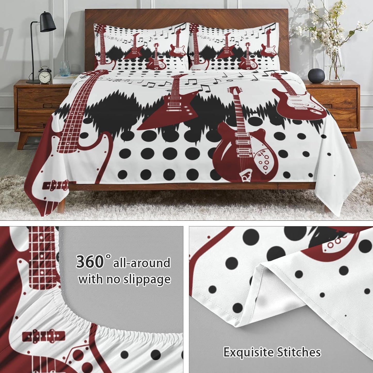 WeCozy Queen Size Bed Sheet Sets with Pillowcases, Guitar Rock Music 4 Pcs Soft Microfiber Bedding for Kids and Adults, Musical Play Flat, Fitted Sheet for Bedroom Bed Decor
