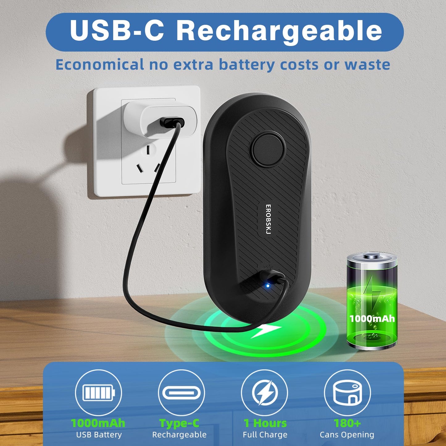 EROBSKJ Electric Can Opener, Rechargeable Can Openers for Seniors & Arthritis, One-Touch Automatic Can Opener, Hands-Free, Smooth Edge, Compact, Kitchen Gadgets